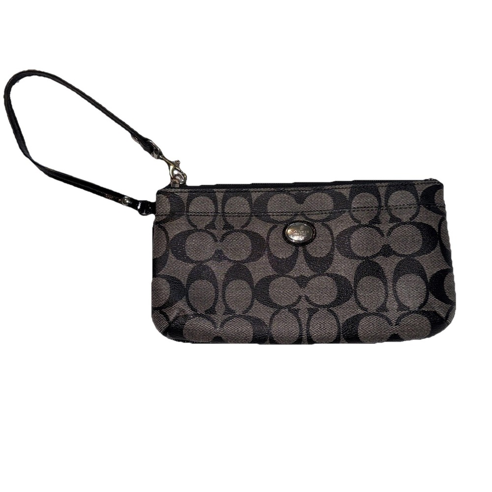 Coach Signature F49965 Black& Gray Large Wristlet /Wallet / Clutch